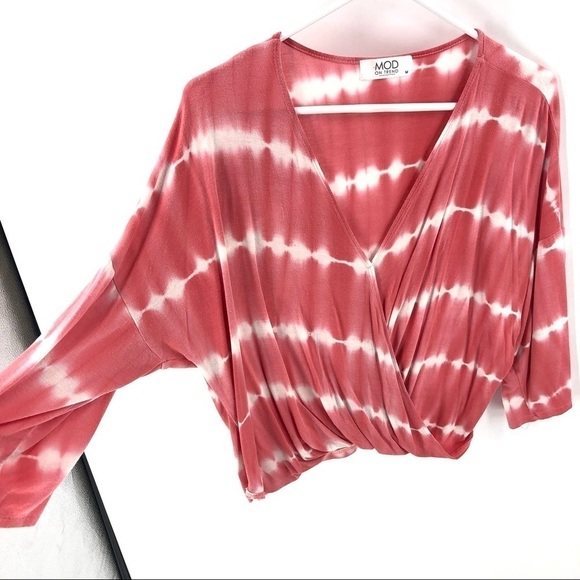 Tie Dye Wrap Top Semi Crop Shirt Mod On Trend Lightweight Comfy Pink Medium - Picture 3 of 9